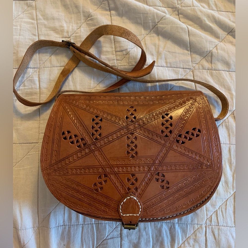 Handcrafted Brown Leather Crossbody Bag with Star Pattern